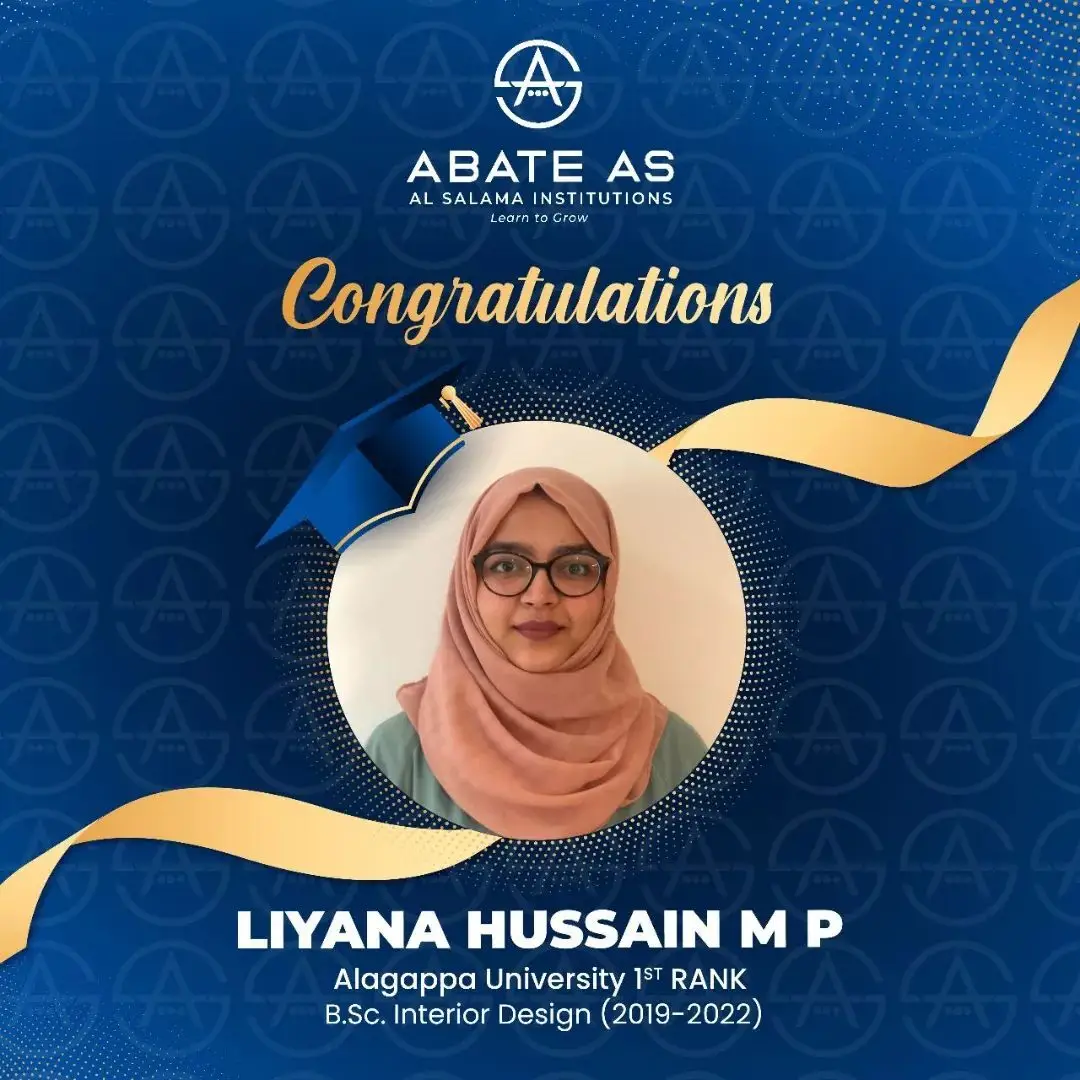 Photo of Abate Group of Institution student, Miss. LIYANA HUSSAIN M P, celebrating her first rank in Alagappa University BSc Interior Design Degree (2019-2022)